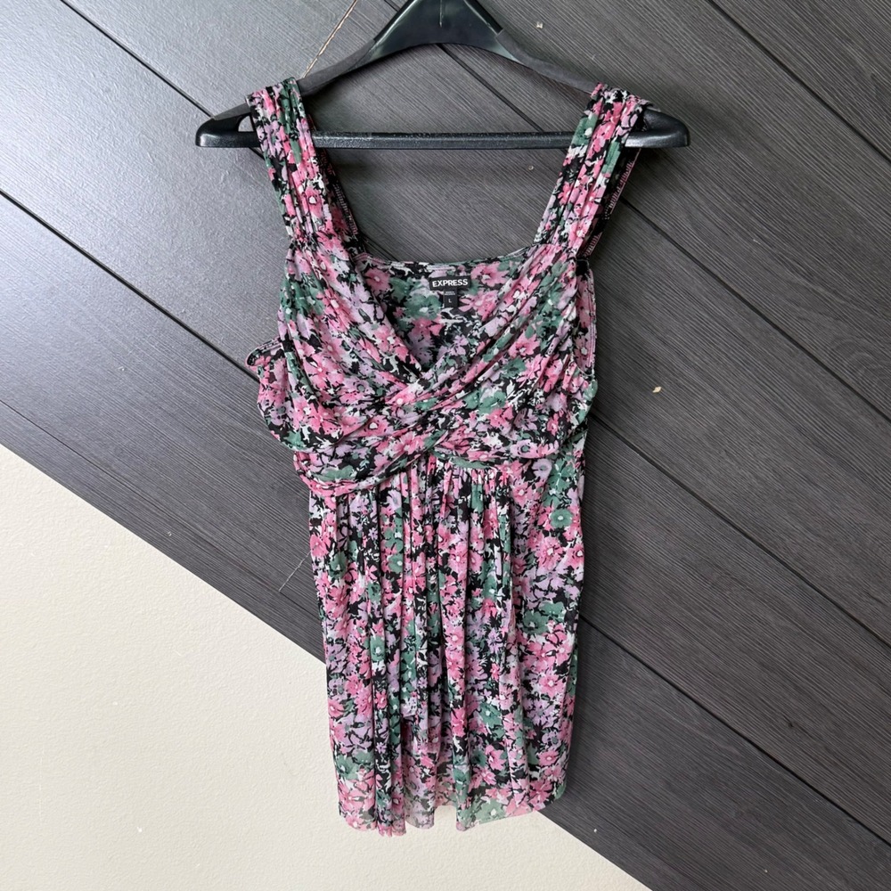 Express Women's Floral Micro Mesh Draped Front Top Large Pink Green Black Y2K